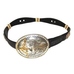 Nocona Hand Tooled Leather Concho Belt Size 30 & Montana Silversmith Belt Buckle